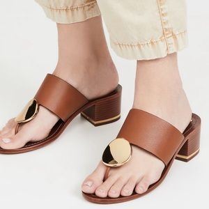 Tory Burch Leather Pato Disk Mid-Heel Sandal in Brown